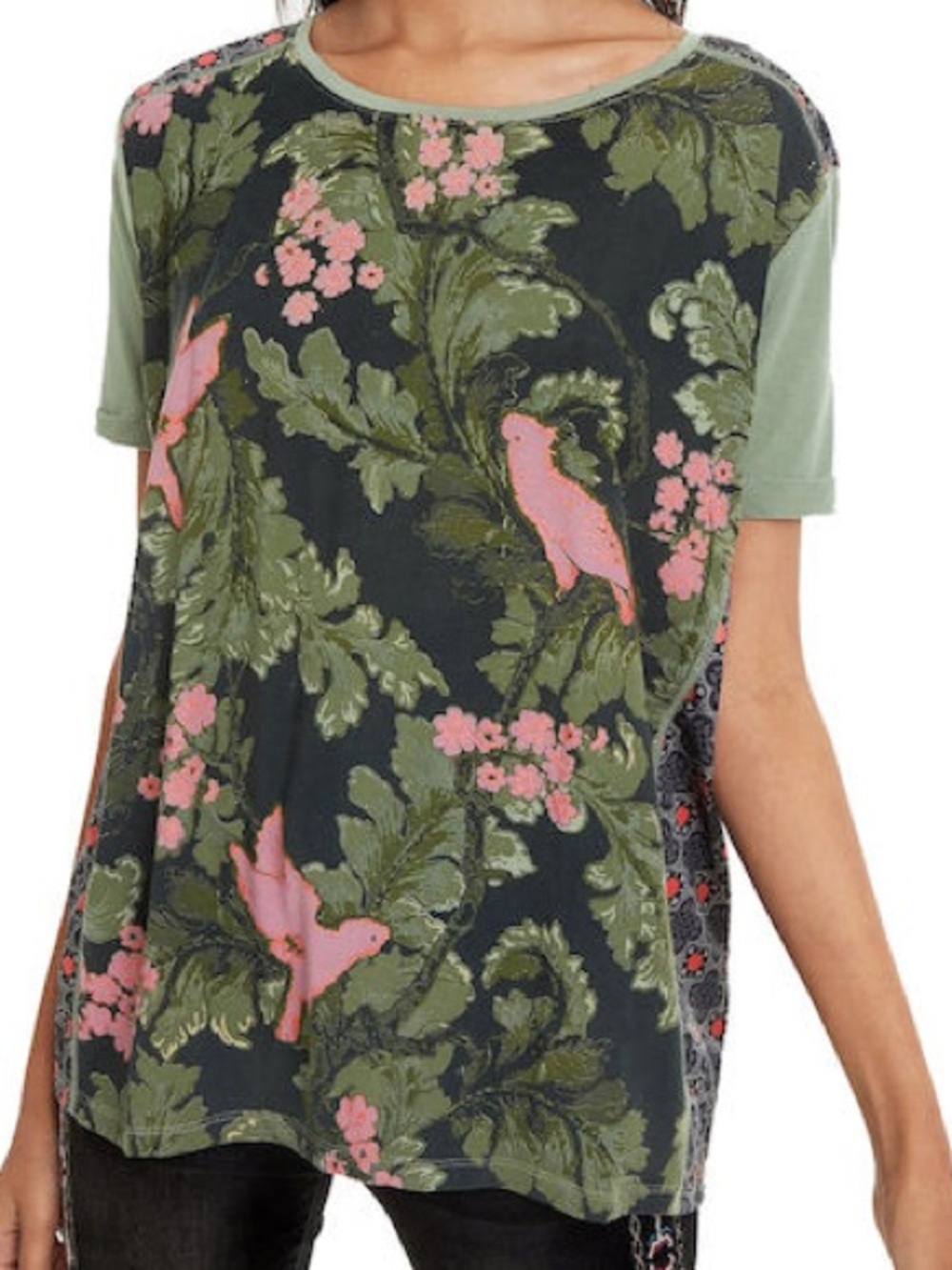 Desigual Tropical Embossed Bird Parrot Cockatiel Tee T-Shirt Green Size Small